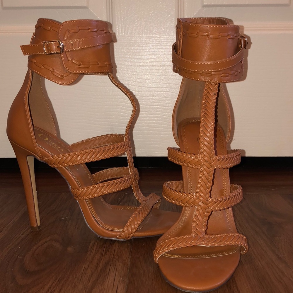 Cognac woven strap heels